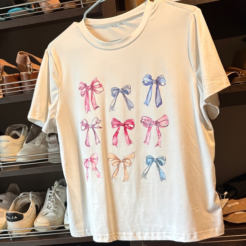 SHEIN Kids Bow Print T-Shirt - White and Pink